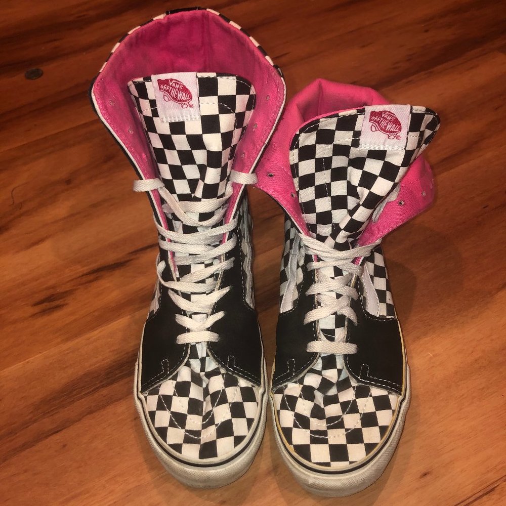 Vintage Pink Extra High Top Checkered Vans